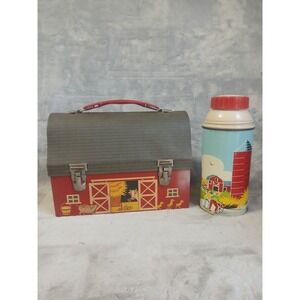 Vintage Ohio Art Red Barn Metal Lunchbox with Matching Thermos Farm Animals Set